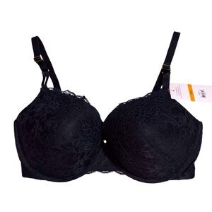 Push up Bra medium lift plunge neckline black lace 40D underwire new with tags